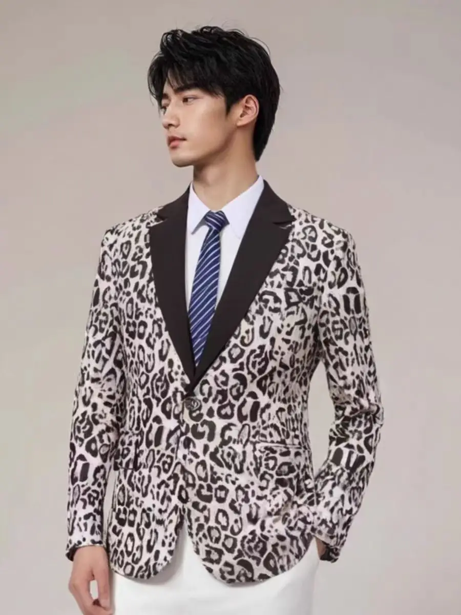 Men's Trendy Leopard Print Jacquard Small Suit Evening Host Stage Costume Wedding Emcee Gown Male Singer Performance Costume