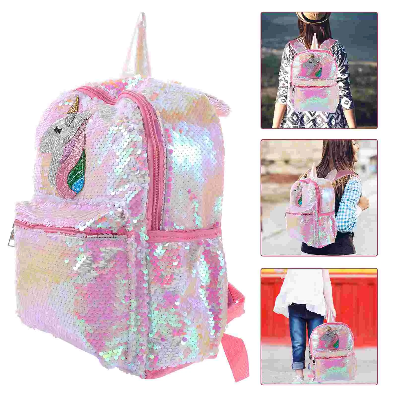 Shiny Girls Backpack Sequin Unicorn Design Satchel Adorable Bookbag Fashion Travel School Bag for Student Girls