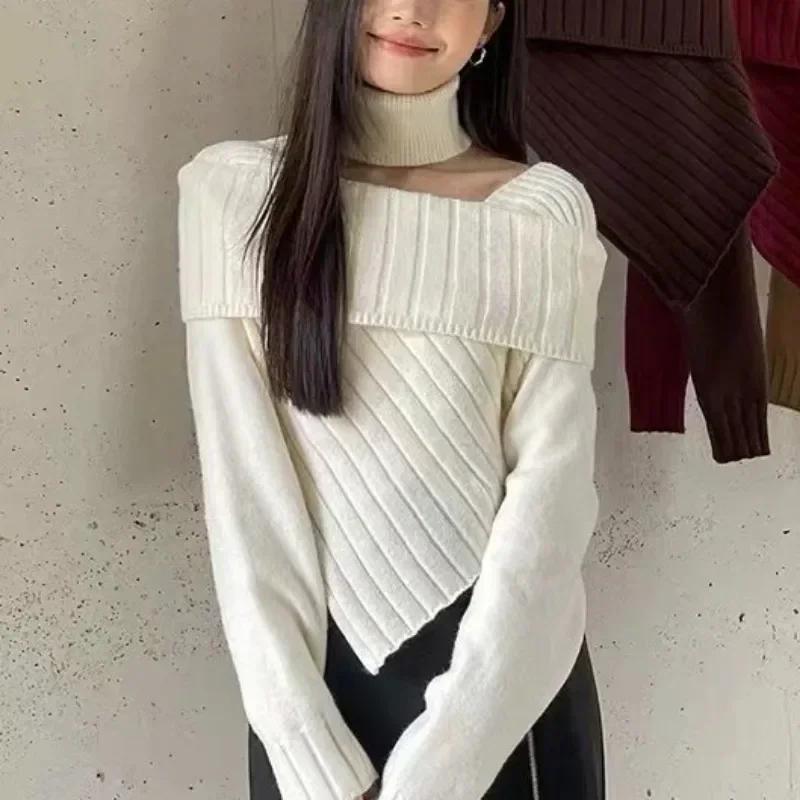 Autumn Winter Vintage Fashion Long Sleeve Knitted Sweater Korean Irregular Sweater Off-the-shoulder Slim Sweater Clothes 30101