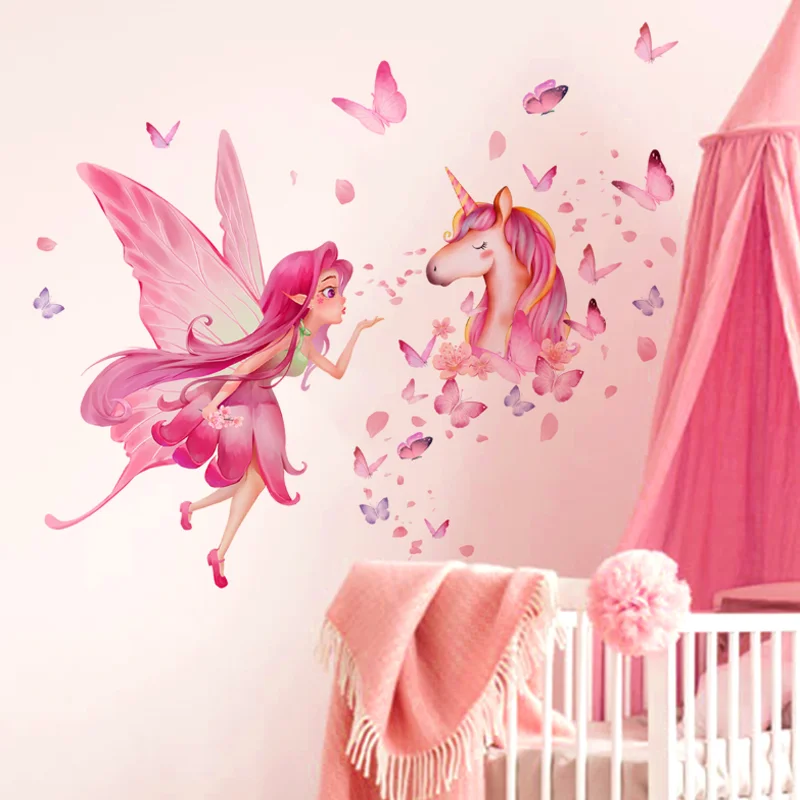 Cute Butterfly Girl Unicorn Wall Stickers Children Room Kindergarten Room Living Room Decoration Sticker Self-adhesive Removable