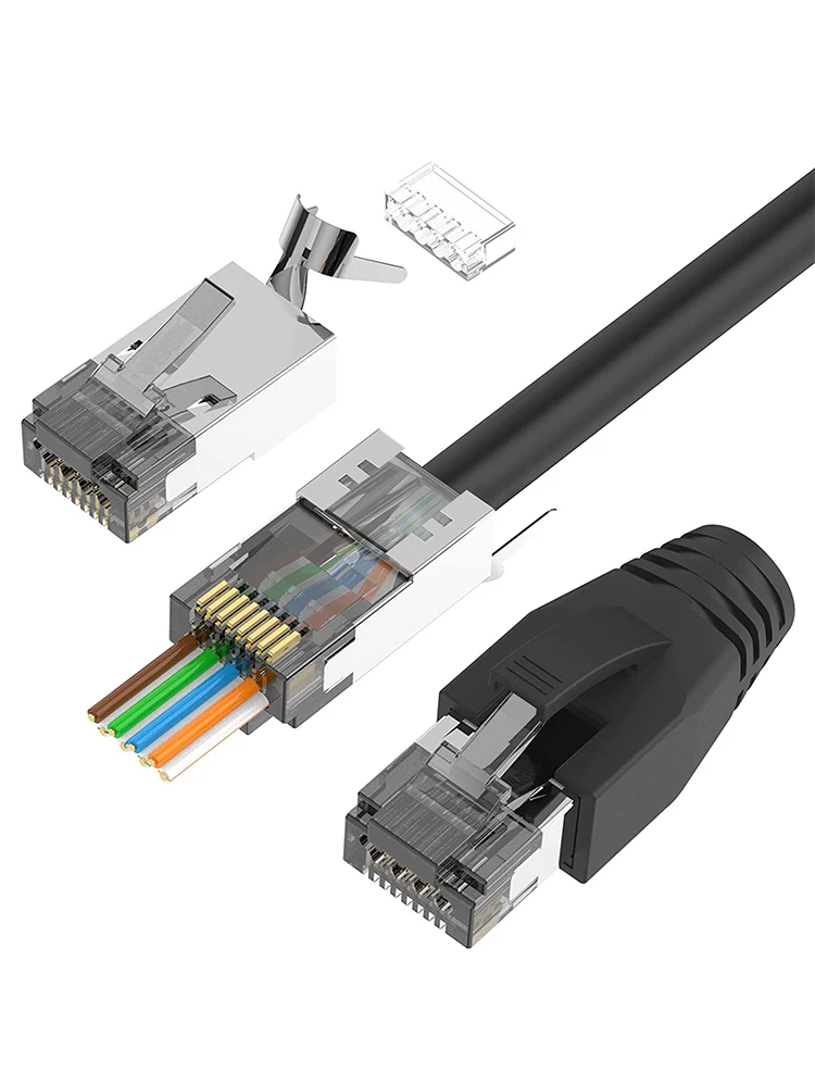Złącze ZoeRax CAT6A CAT7, złącza RJ45 przelotowe, ekranowane CAT6A CAT7, 3-pinowe z osłonami odciążającymi naciągi, czarne. — zdjęcie produktu 7