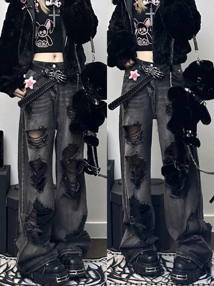 

American Subculture Black Gray Gothic Y2k Distressed Jeans For Women Spring Autumn Denim High Waisted And Slim Wide Leg Pants