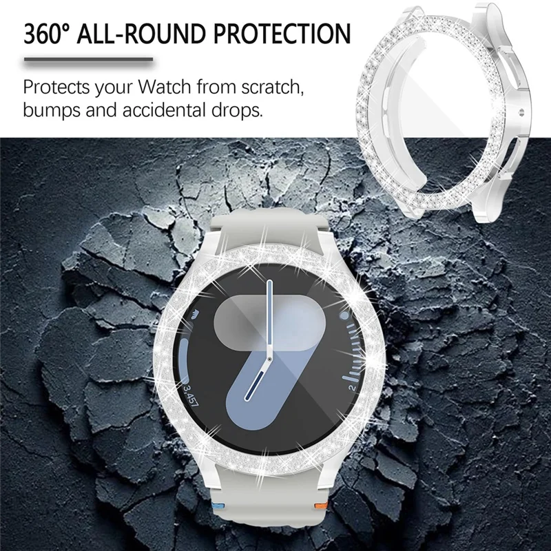 สําหรับ Samsung Galaxy Watch 7 กรณีไฟฟ้าเดี่ยวและคู่แถวเจาะ Hard 44 มม.เปลือกป้องกัน Silver