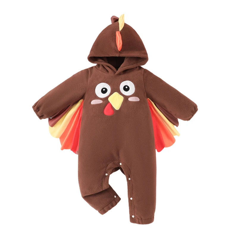 

Baby Thanksgiving Casual Romper Long Sleeve Cartoon Turkey Print Hooded Jumpsuit