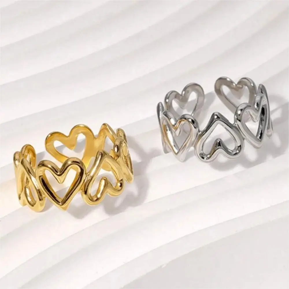 1/3PCS Adjustable Multi Love Heart Open Cutout Ring Stainless Steel Jewelry Irregular Hollow Stackable Chunky Rings For Women