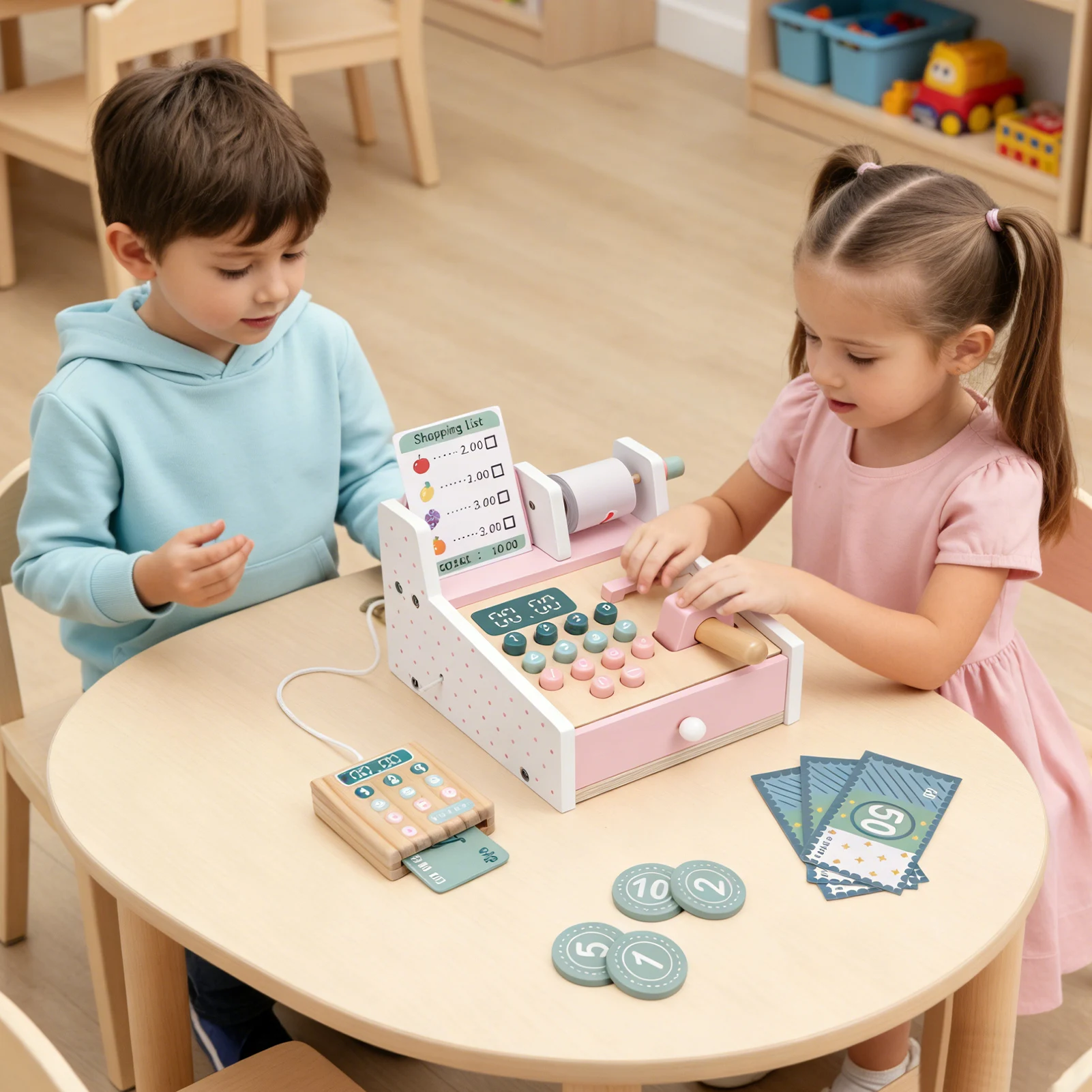 Portable Wooden Store Cash Register Wooden Toy Cash Register with Scanner Math Learning Role Play Cashier Game Set for Kids Pink