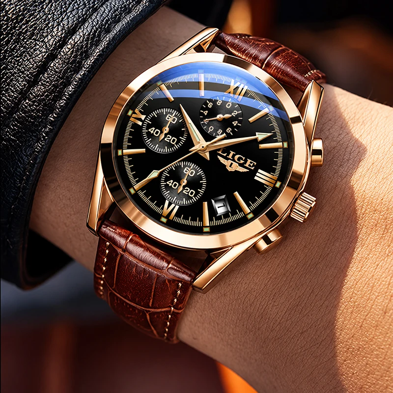 LIGE Braune Echtlederuhren für Herren, modische Sport- und wasserdichte Herren-Quarzarmbanduhr, lässig, Business, Datum, Chronograph