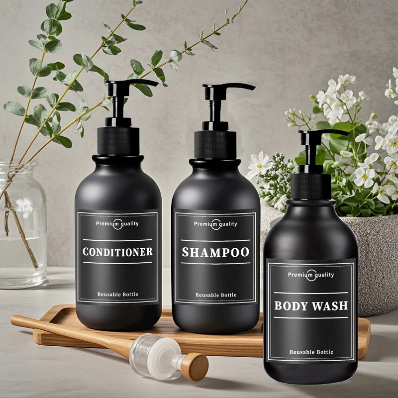 Black 500ML Liquid Soap Dispenser Bottle With Labels Refillable Empty Shampoo Shower Gel Conditioner Container Bathroom Supplies