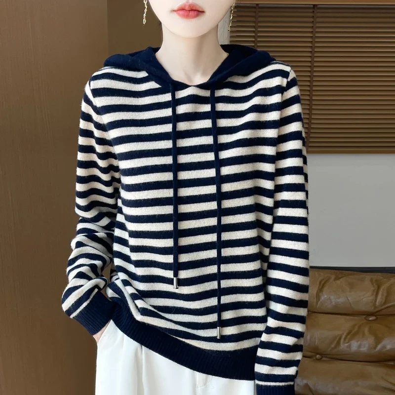 

Повседневный женский свитер из 100% шерсти, модные пуловеры в полоску с капюшоном, корейские свитера с длинными рукавами, осенне-зимние теплые джемперы, новинка