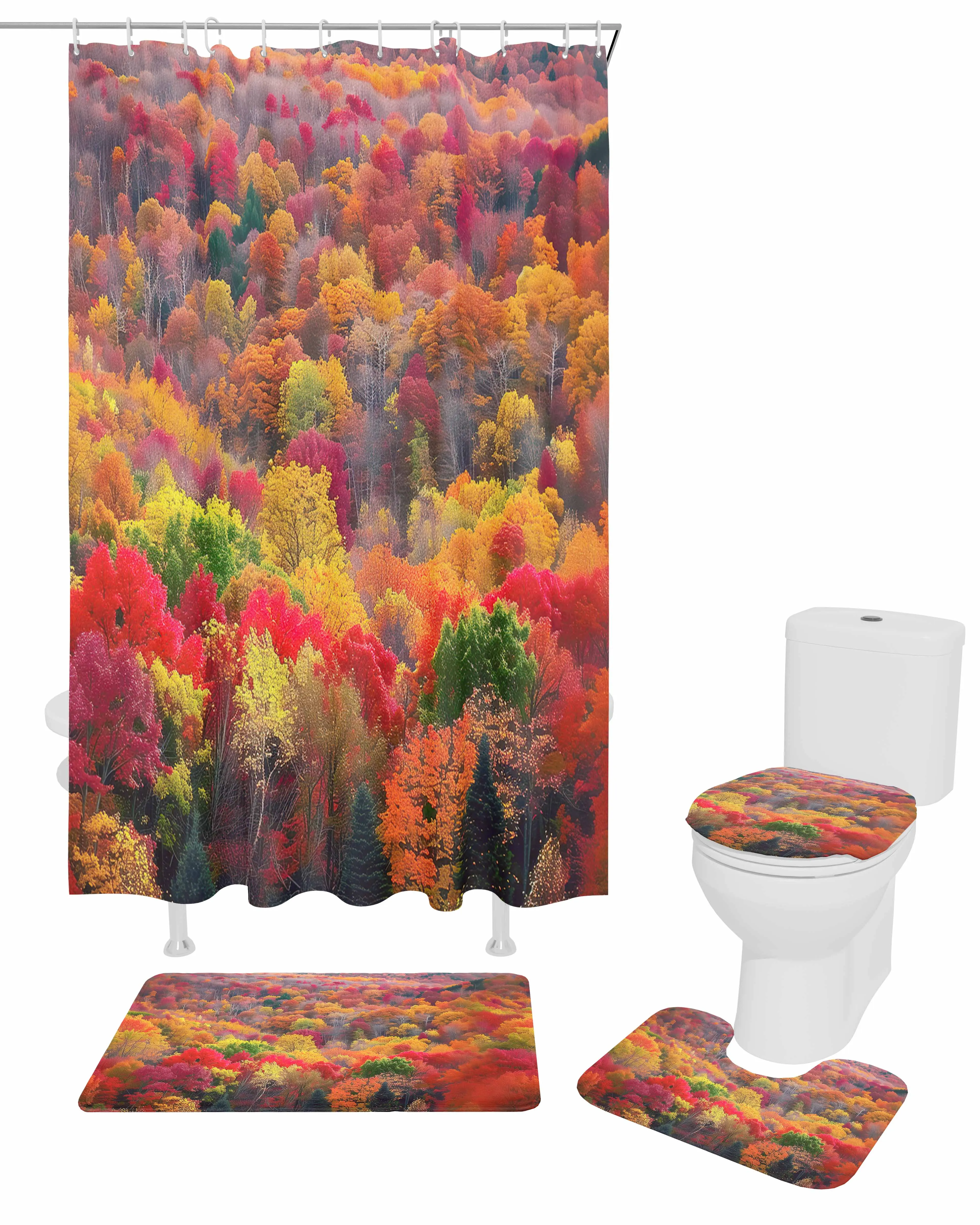 Autumn Forest Fallen Leaves Shower Curtain Set Non-Slip Rugs Bath Mat Toilet Lid Cover Waterproof Bathroom Curtain