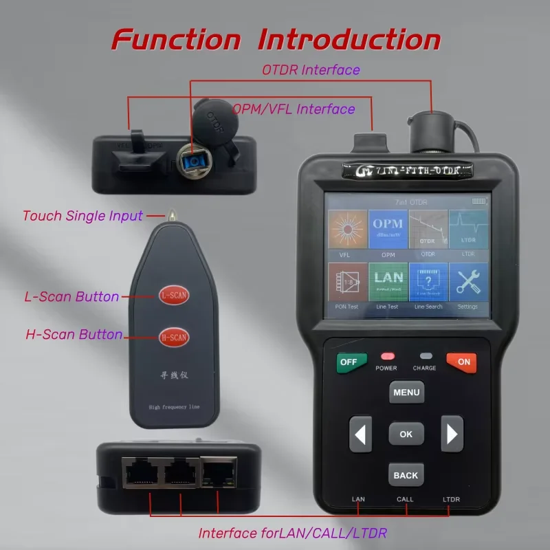 7in1 OTDR Glasfaser-Reflektometer SCUPC Pro Mini 7Functios VFL OLS OPM Ereigniskarte Li-Akku 4800 mAh Glasfaserkabel Ethernet-Tester