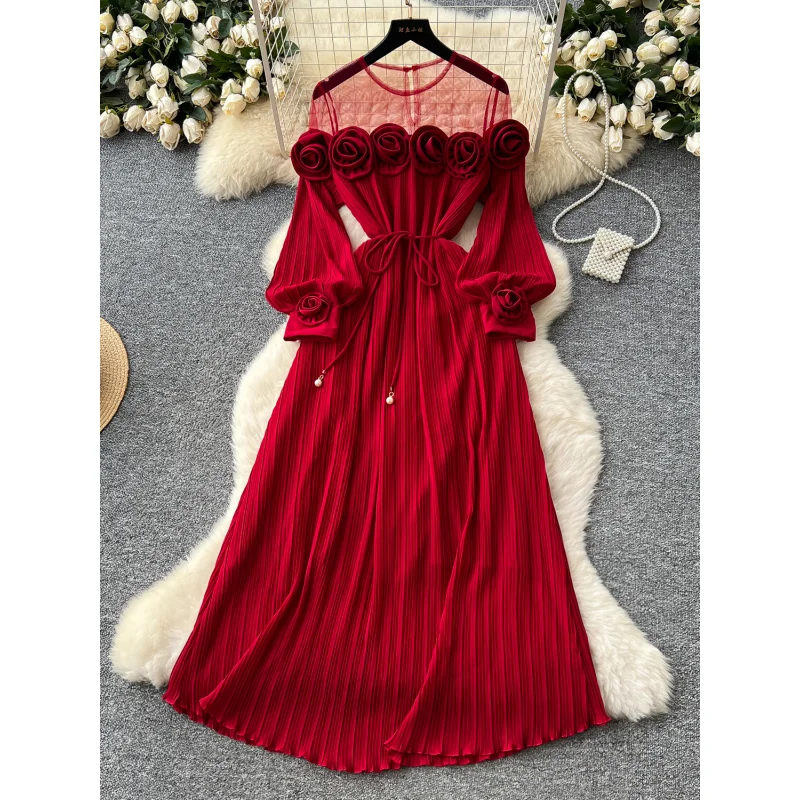 

French Style High-End Three-Dimensional Floral Mesh Patchwork Long Sleeve Waist-Cinching Pleated Dress for Women Slimming Elegan
