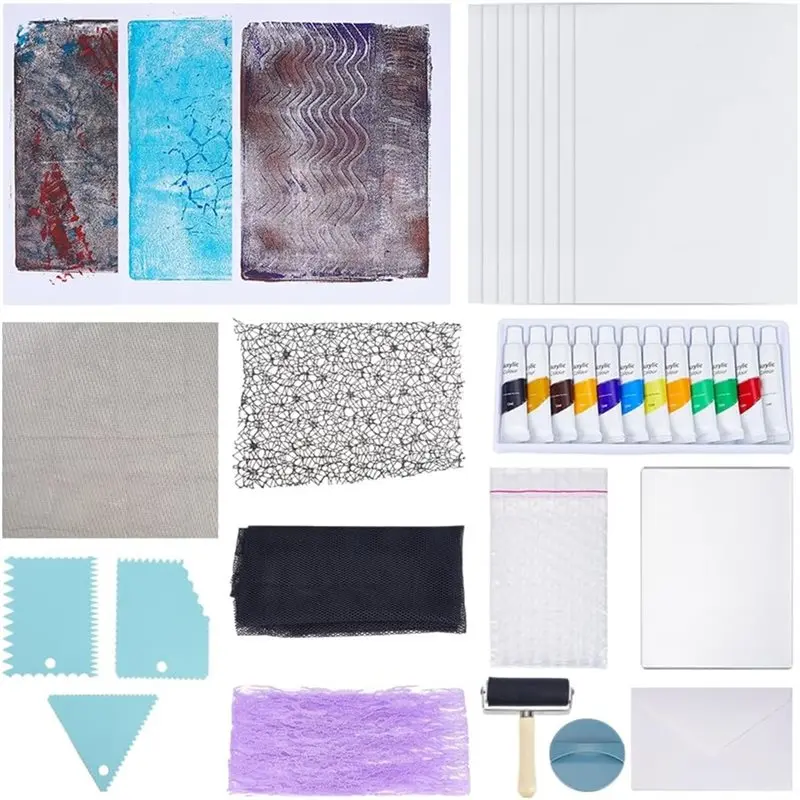 

AUAU-Gel Printing Plate Kit 5X7 Inch Gelatin Plate, Mesh Fabric,Printmaking Paper,Acrylic Paint,Essential Tools For Beginner