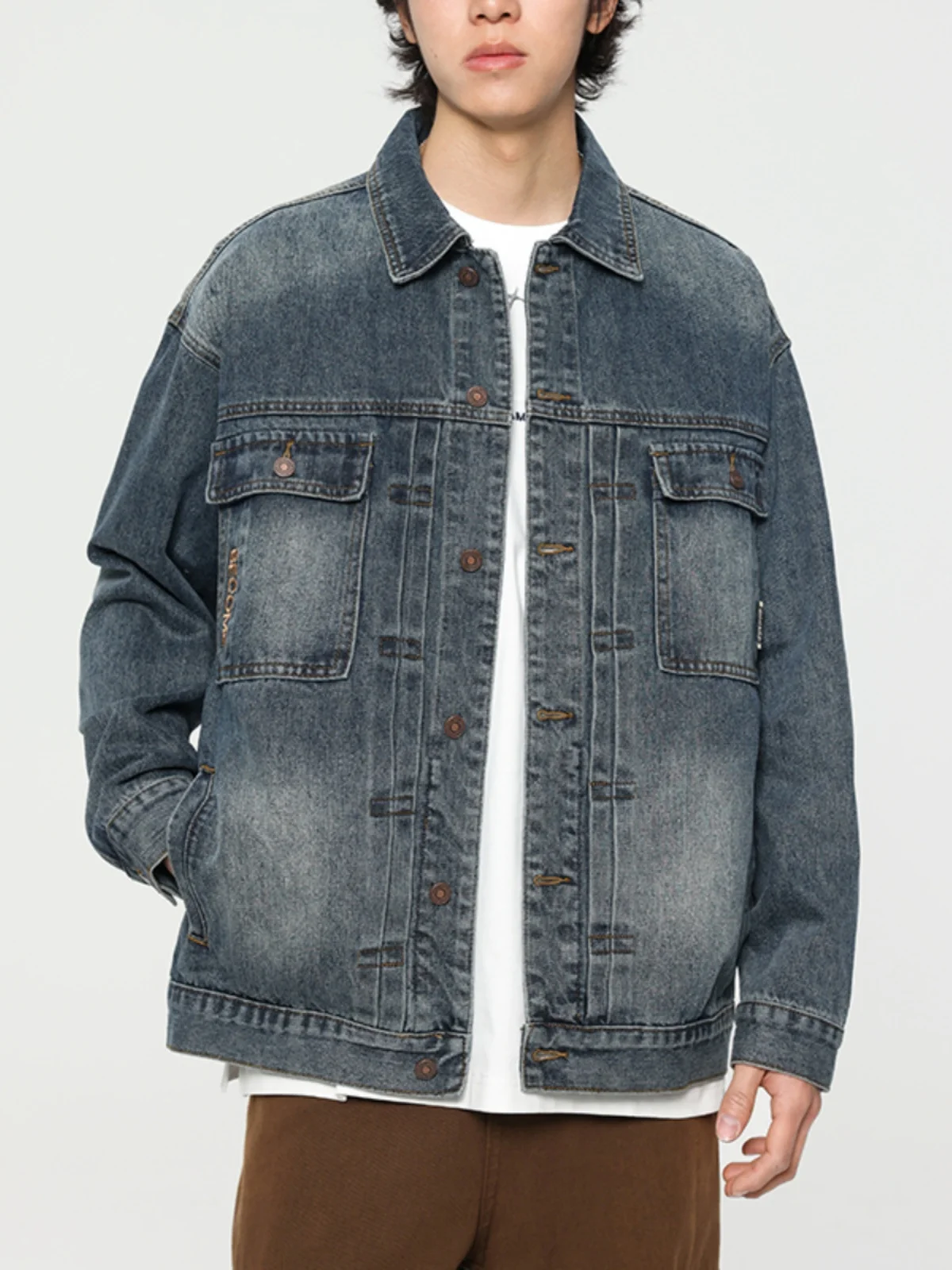 

Retro American Waed Embroidered Denim Jaet Men's Loose Casual Collar Workwear Jaet Trendy Spring Cotton Youth