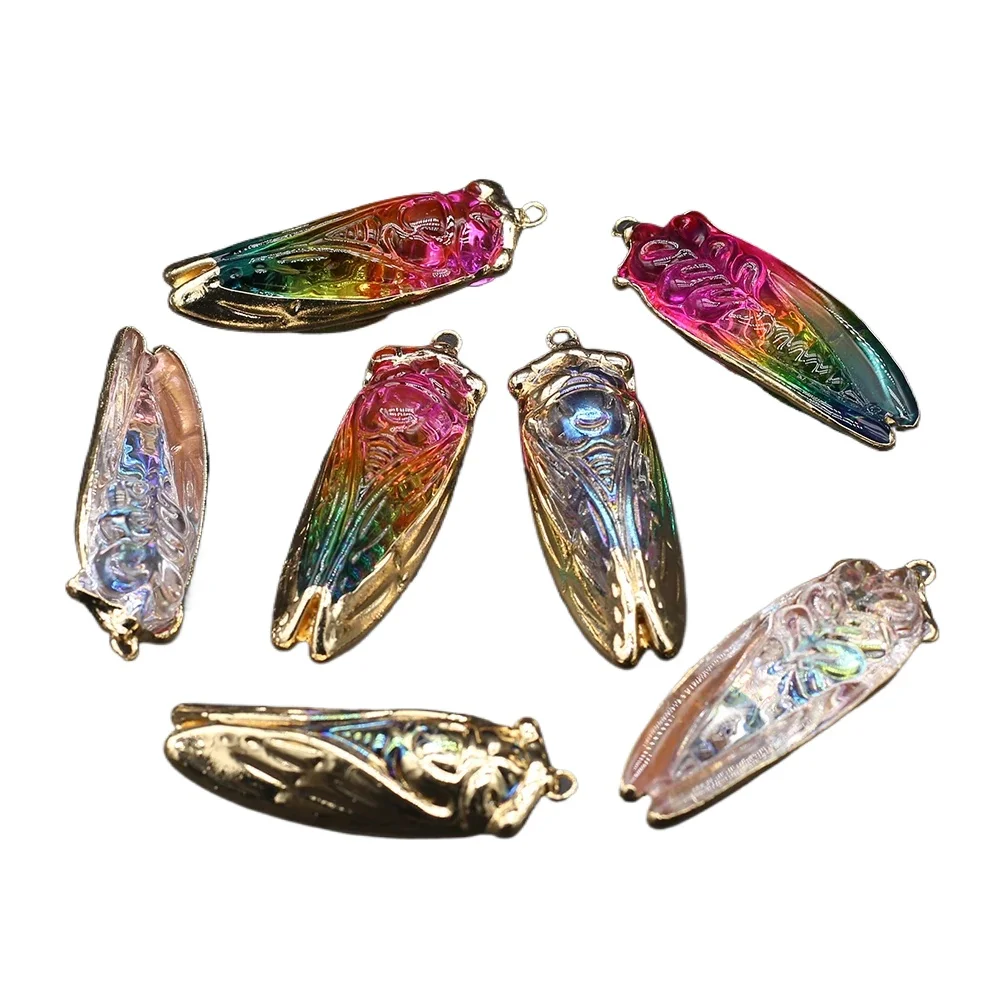 

5pcs Charms Natural Stone Pendant Colorful Insect Golded Wings White Crystal Pendant for Women Making DIY Jewerly 19x55mm
