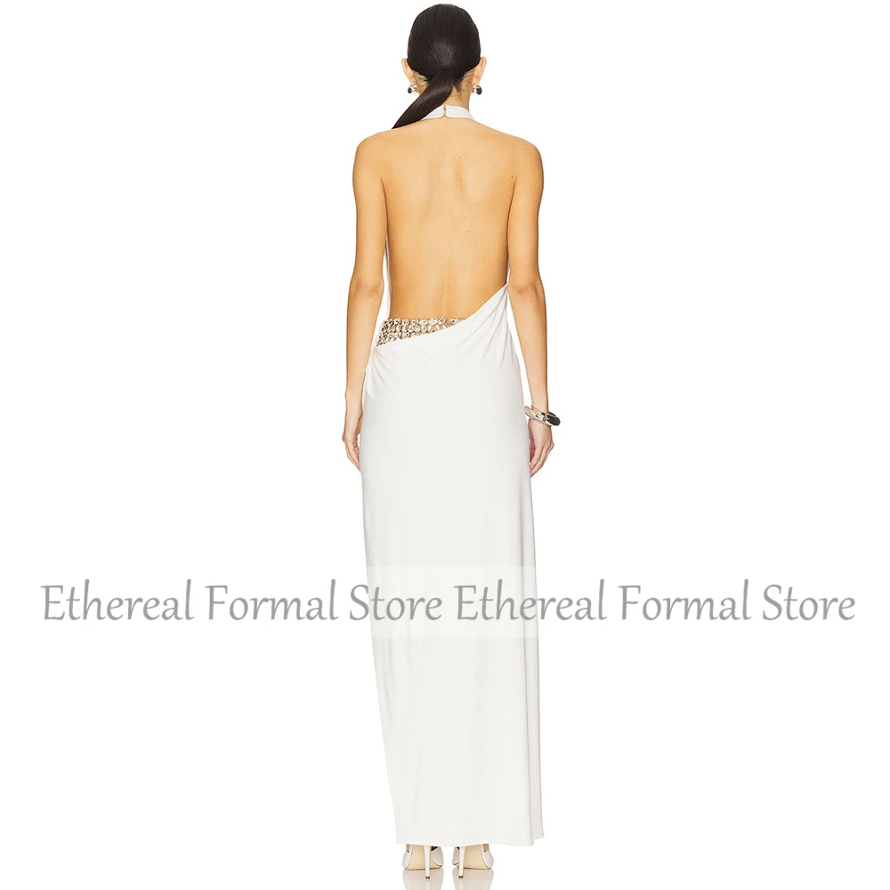 Sexy Ivory Evening Gown Halter Backless Beading Women's Prom Dress Mermaid  Floor Length Long Sleeveless Slit Formal Party Dress