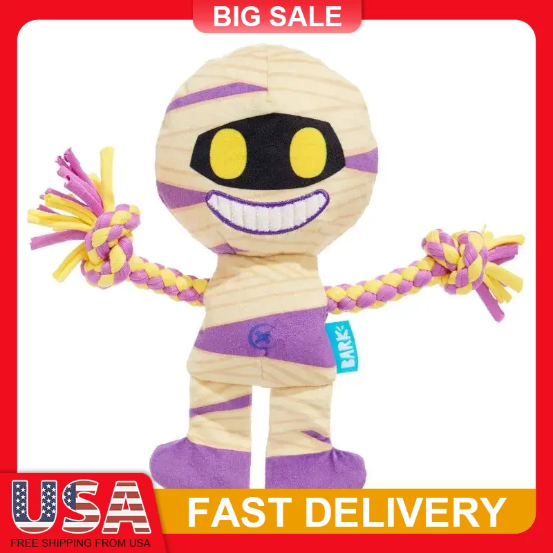

Halloween Dog Toy Mummy Plush with Squeaker Crinkle Sound Tug Rope Whip Flip Legs Interactive Play Pet Chew Toy for Dogs