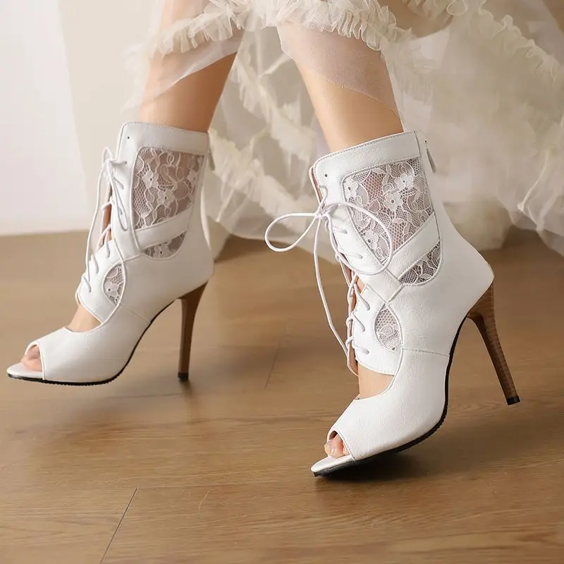 

Girseaby New Design Female Ankle Boots Peep Toe Thin High Heels 11cm Zipper Lace Up Plus Size 48 49 50 Mixed Sexy Dating Bota