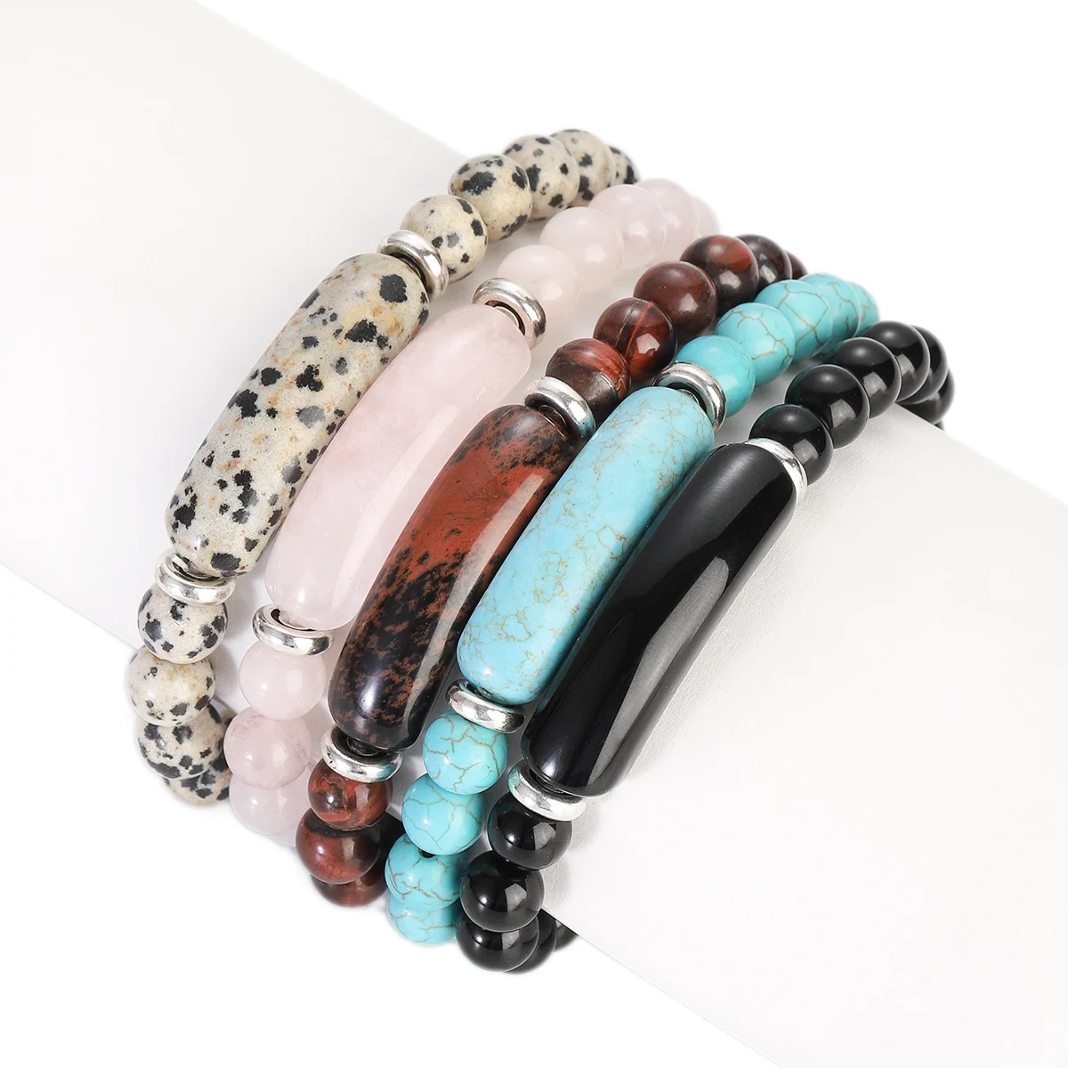 New Natural Stone Strand Bracelet 2023 Black Agate Turquoise Tiger Eye Rose Quartz Dalmatian Jasper Rectangle Bar Charm Bracelet