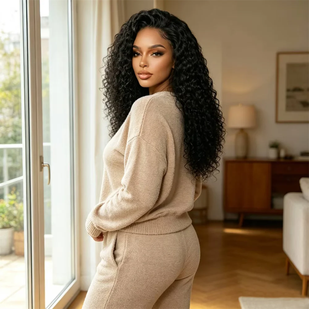 

Natual Black Kinky Curly Glueless 26“Long Soft 180Density 13x4 Lace Front Wig For Black Women Synthetic Heat Resistant Daily
