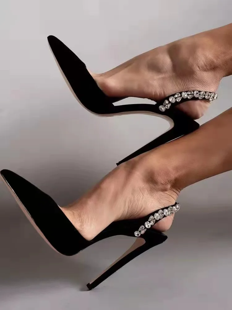 2025 Bling Crystal Ankle Strap Pumps for Women Sexy Pointed Toe Thin Heel Party Shoes Ladies Black White Pu Leather High Heels