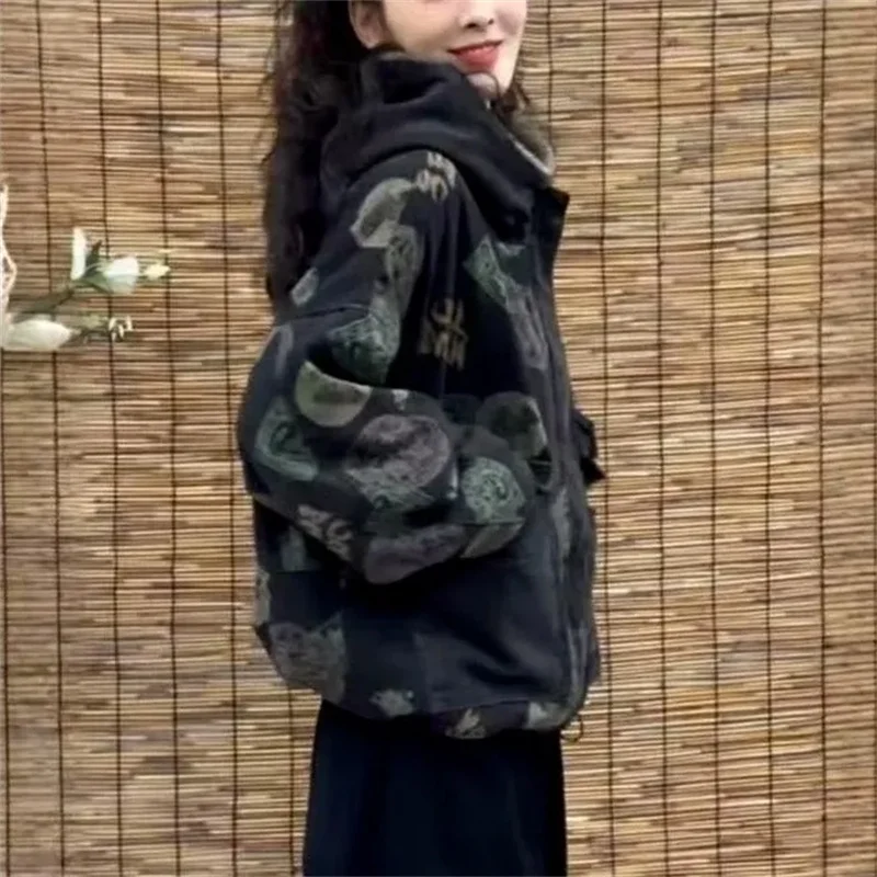 Winter Denim Coat For Women Denim Print On Both Sides Plush And Thick Casual Hooded Cowboy Jacket Female Denim Overcoat New