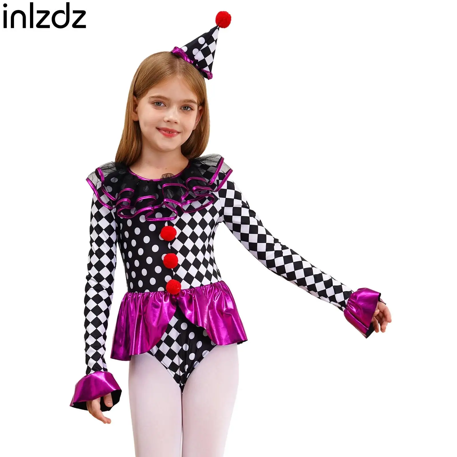 Girls Circus Clown Cosplay Costumes Long Sleeve Ruffle Checkerboard Polka Dots Bodysuit for Carnival Halloween Party Performance