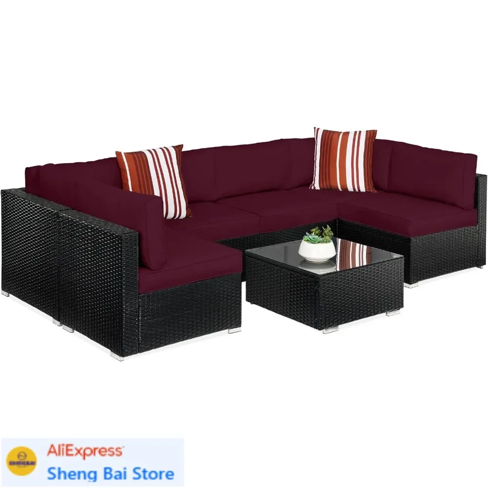 

BestsellerCoffee Table, 7-Piece Modular Outdoor Sectional Wicker Patio Conversation Set w/ 2 Pillows, Cover Included - Black/Dee