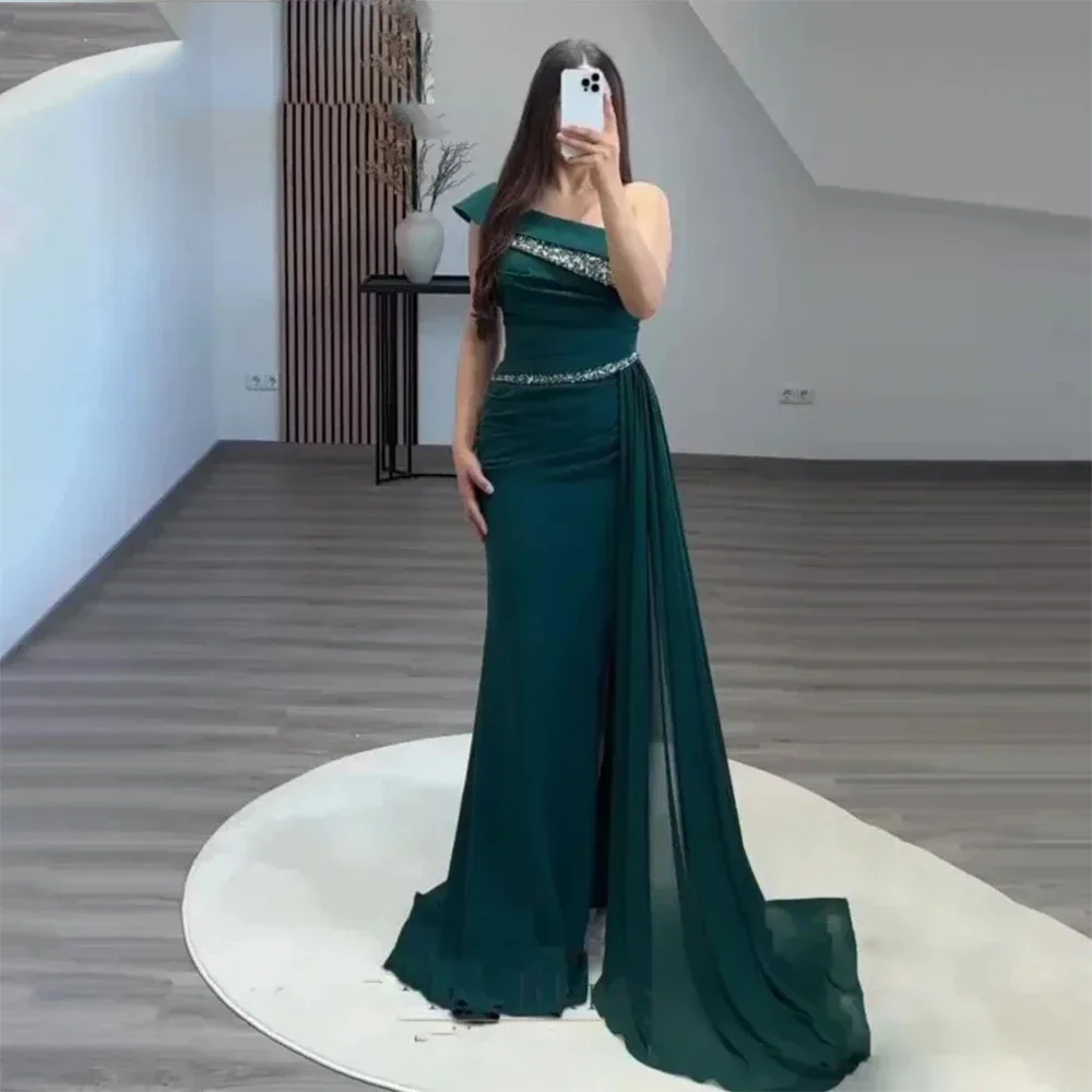 

Exquisite Modern Style Formal Net Draped Sequined Pleat A-line One-shoulder Long Dresses Prom Dresses High quality Sexy Classic