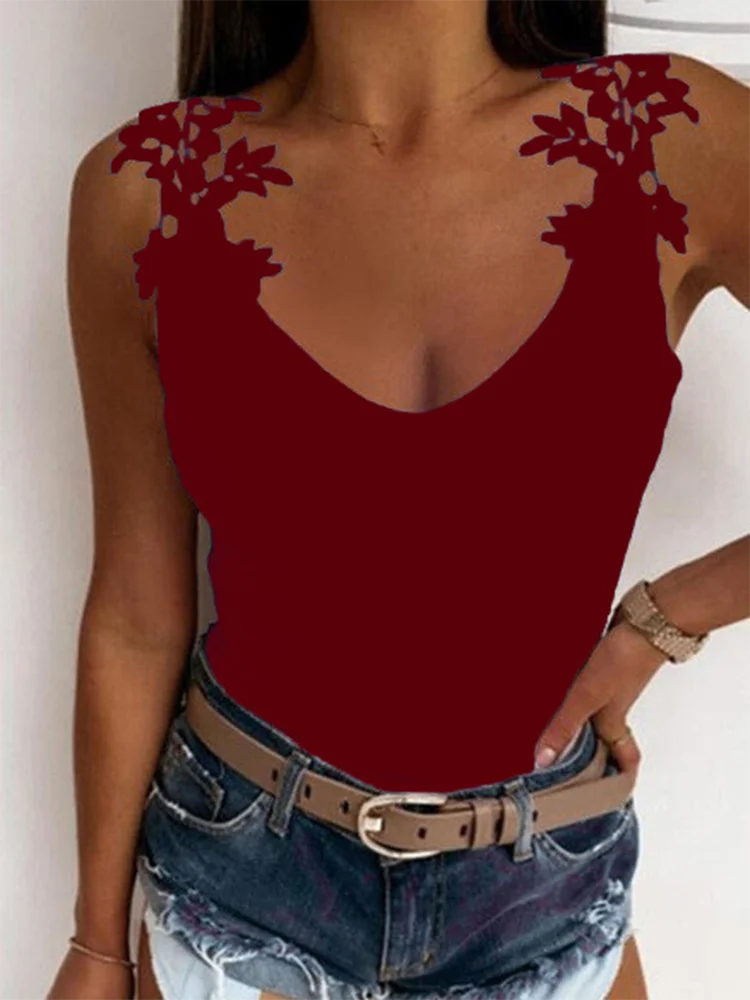 Lace Printed Monochromatic T-shirt for Women U-neck Sexy Suspender Vest Trendy Party Top Casual Lady Summer