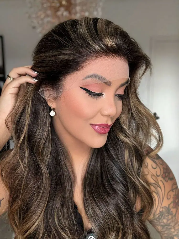 فاخر طويل طول الاصطناعية الدانتيل الباروكات أمامي الجسم موجة HD الدانتيل الشفاف الباروكات تسليط الضوء على الشوكولاته براون الباروكات زي امرأة #4