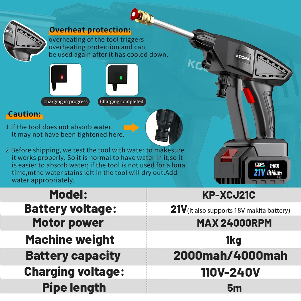 21V Cordless Pressure Washer,60Bar Multifunction Nozzle 1xBattery-Powered Copper Motor Washer Kit for Car Washing Window Clean