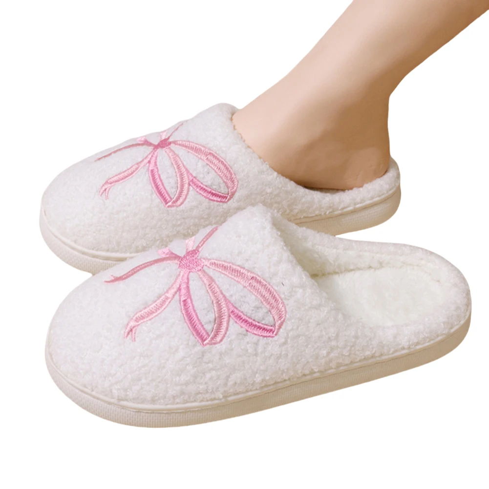 

Женские тапочки с бантом, зимняя домашняя обувь, теплые уютные плюшевые тапочки с нечеткими подушками, домашние тапочки без шнуровки для дома и улицы