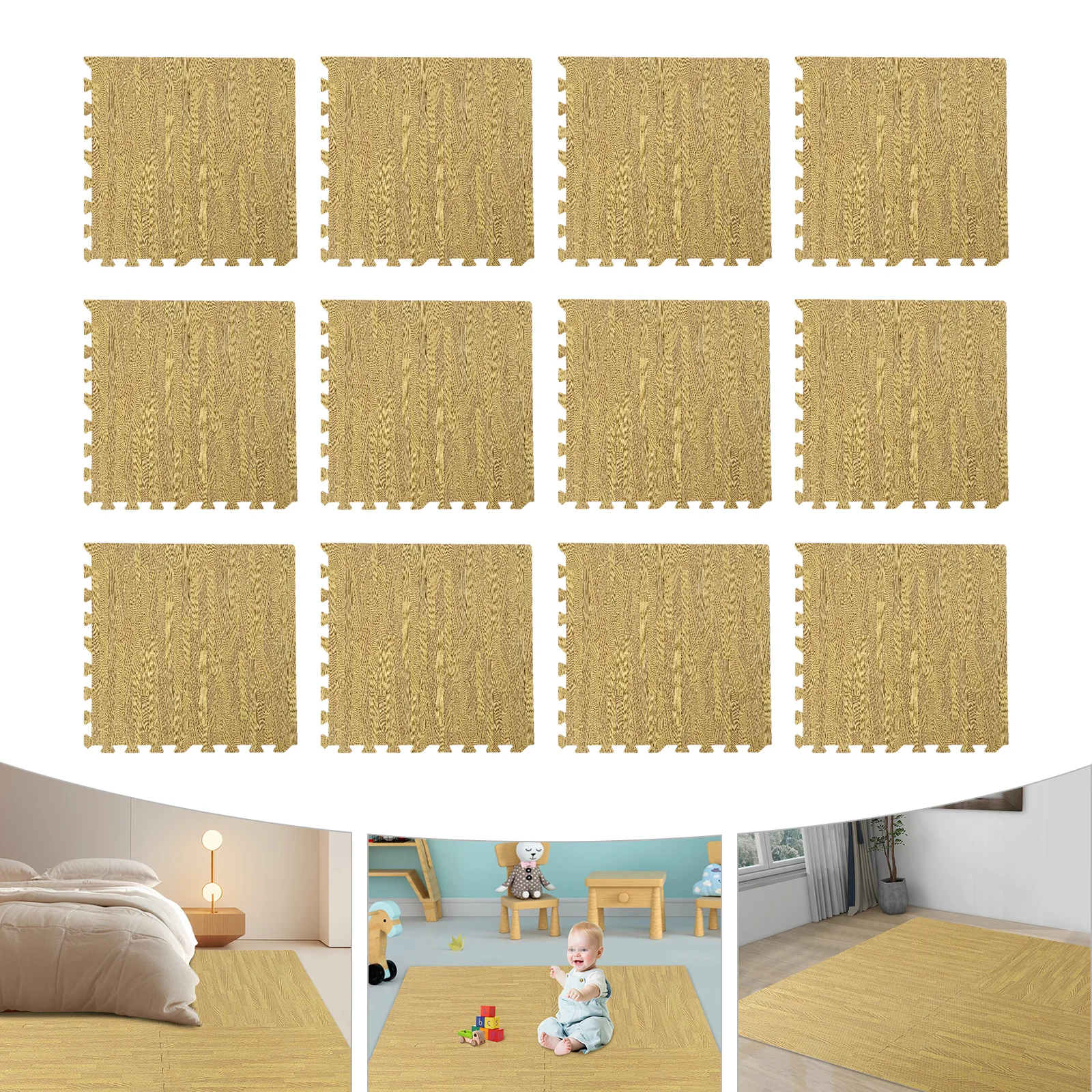 (بني فاتح) 12 قطعة من سجادات الأرضية الإسفنجية، سجادات أرضية إسفنجية متشابكة من الخشب الحبيبي، بلاط إسفنجي لغرفة المعيشة، غرفة النوم 60 × 60 سم