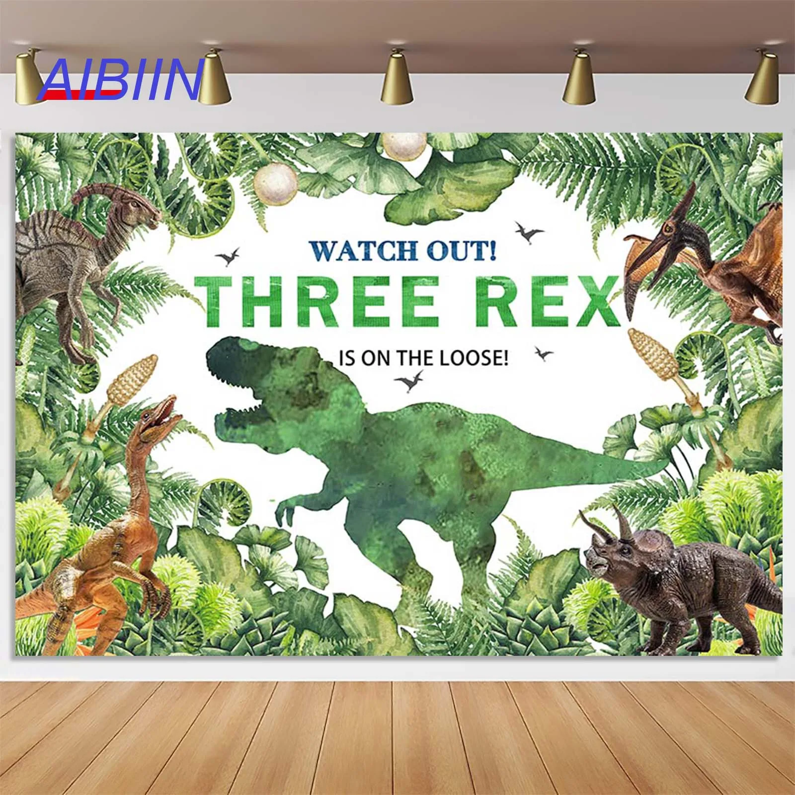 

Three Rex 3rd Birthday Party Decor Backdrop Green Leaf Forest Dinosaur Photography Background Kids Cake Table Banner