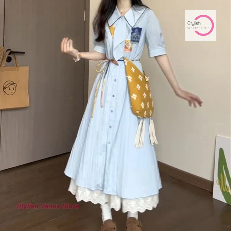 Pittura a inchiostro retrò letteraria francese Polo collo a vita alta abito blu gonna a camicia lunga stile college moda estiva da donna