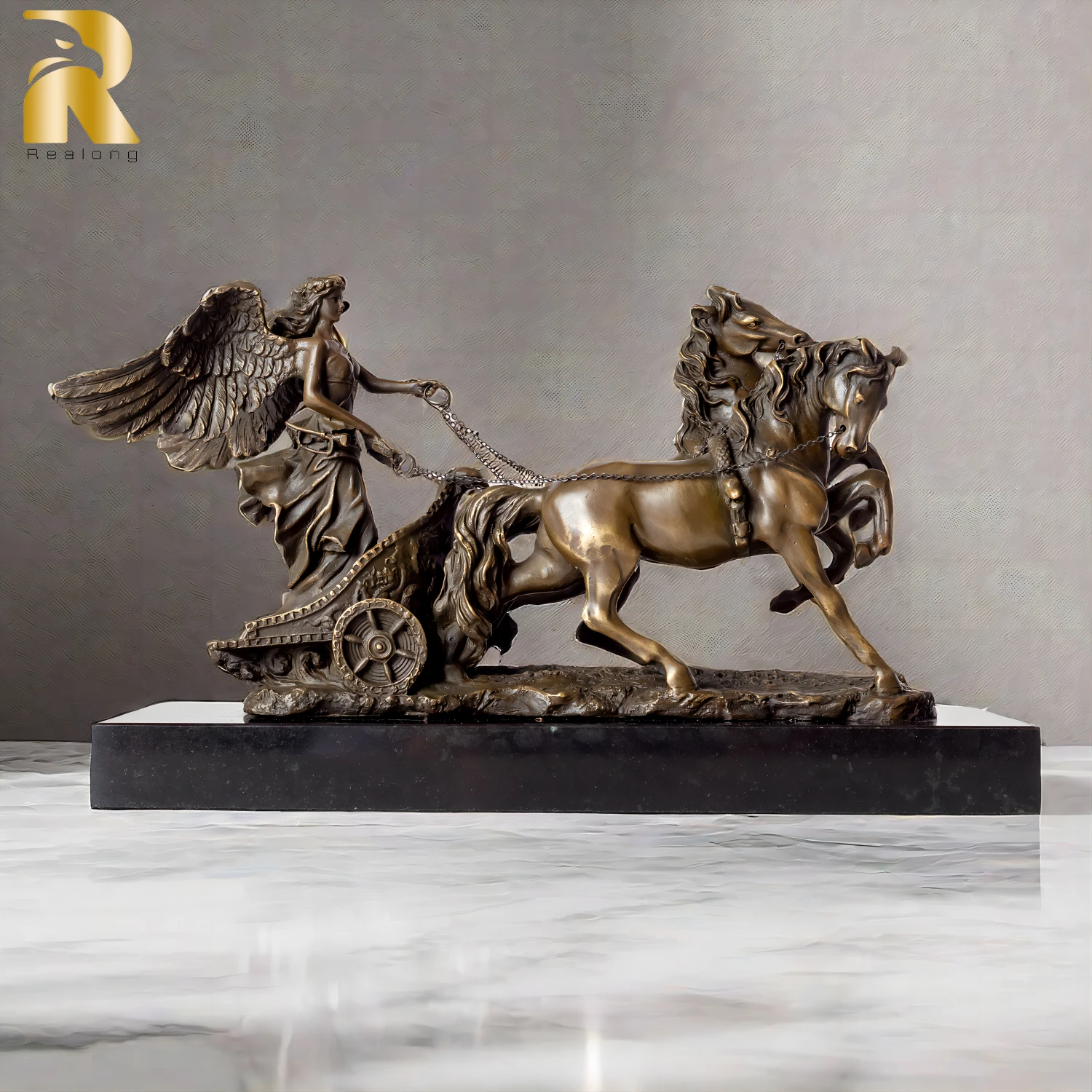 Greek Goddess Of Victory Bronze Statue Bronze Sculpture Goddess Of Victory With Horses Marble Base For Home Decor Ornaments Gift