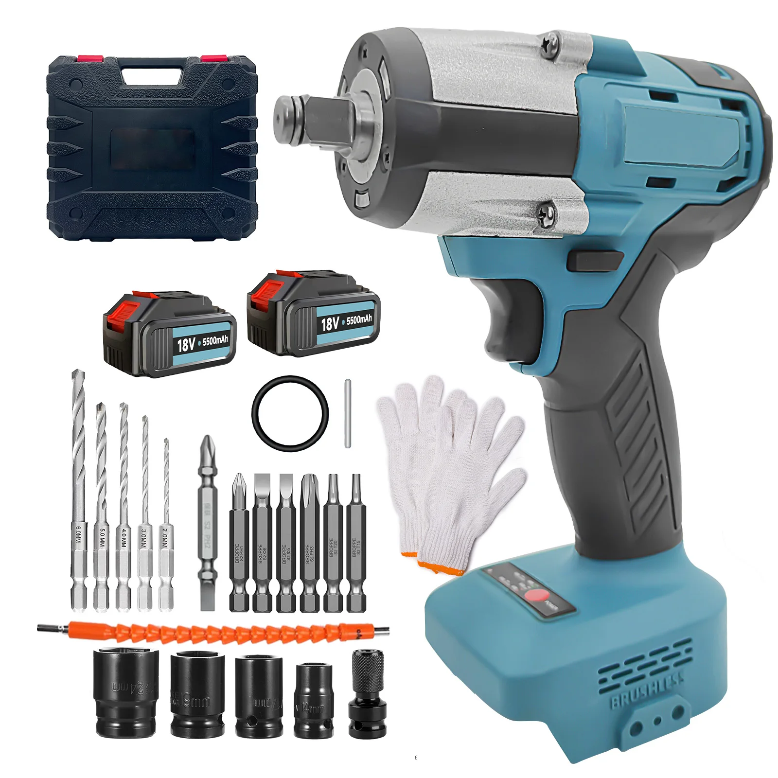 350 Nm Akku-Schlagschrauber, 1/2 Zoll Power Impact Gun mit 4 Steckschlüsselsätzen und 2 Stück 5,5 Ah