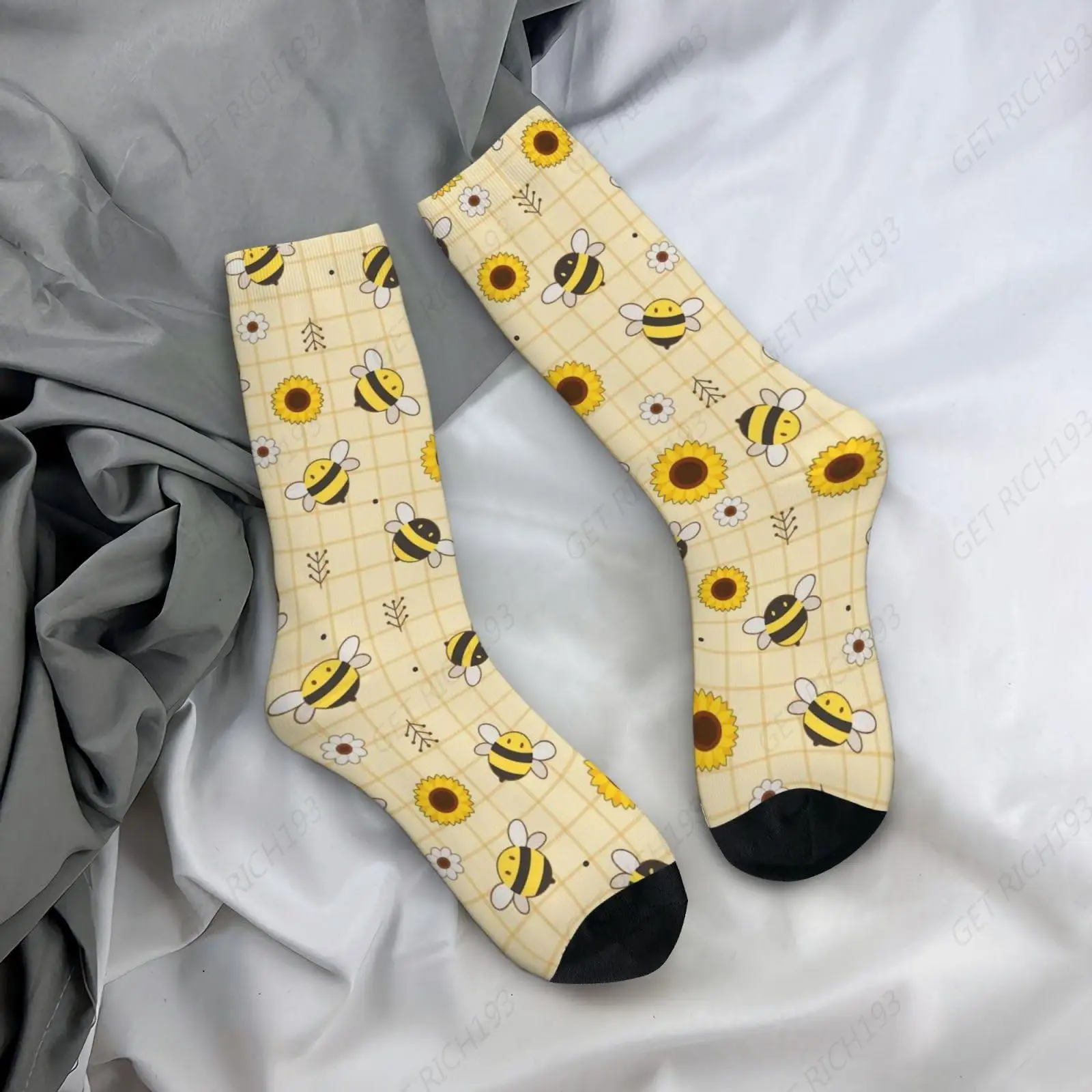 Cute Bee And Sunflower Flowers Mid-Calf Boot Socks Soft Breathable Crew Socks Novelty Sport Athletic Socks For Women Men