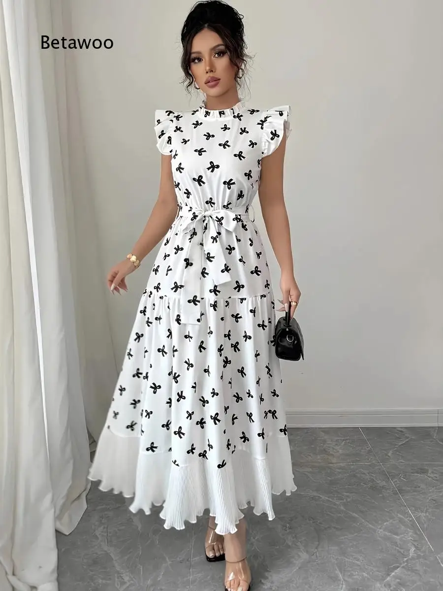 Women Bow Pattern Flutter Sleeve Maxi Dress Ruffle Shoulder Frill Collar Waist Belt Pleated Hem Summer Party Dress
