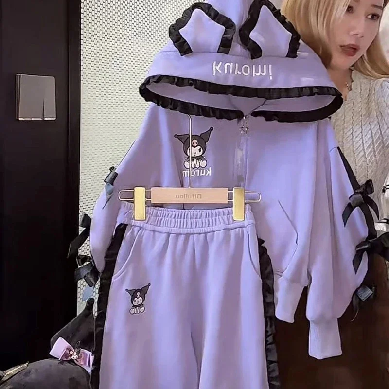 Sanrio Girls Autumn Kawaii Kuromi Casual Suit New Fashionable and Cute Middle and Large Children Hooded Top Two-piece Set