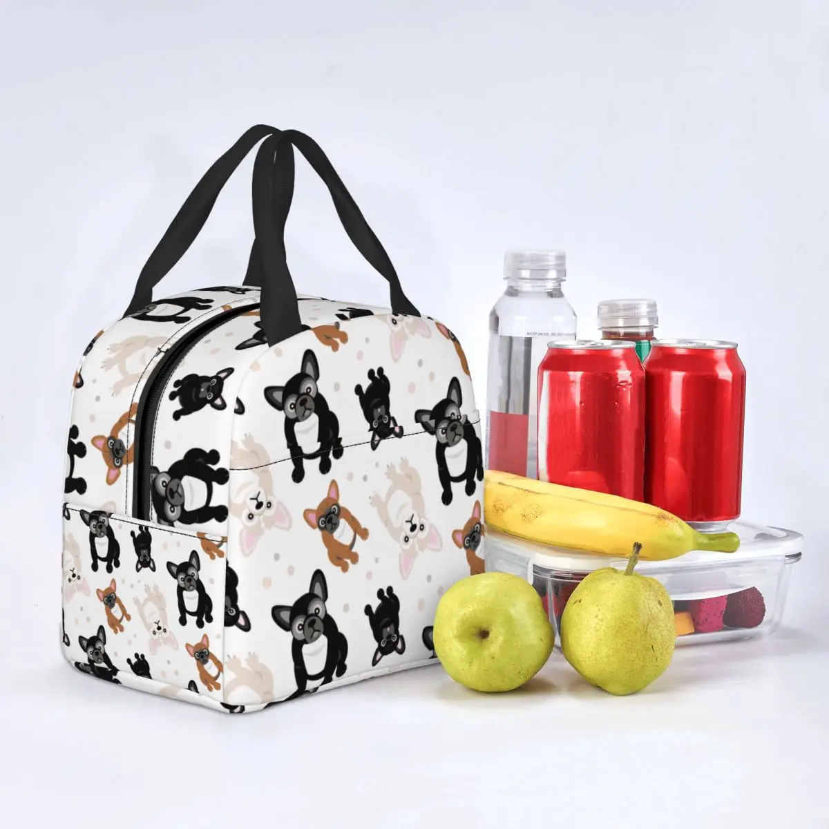 

Cute French Bulldog Frenchie Puppies Lunch Bags Portable Insulated Canvas Cooler Dog Thermal Picnic Travel Tote for Women Kids