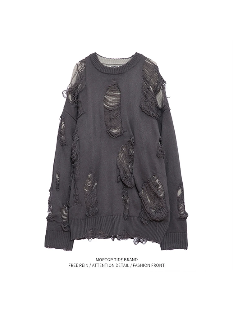 

American High Street Oversize Knitted Sweater for Couples Men Women Vintage Double Sided Wear Hole Punch Youth Casual Sle