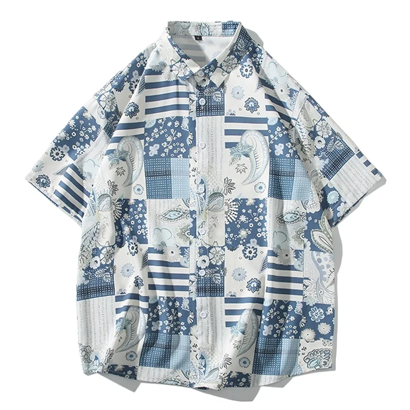 

Vintage Paisley Floral Printed Mens Shirts Beach Holiday Hawaiian Clothes Summer Short Sleeve Hip Hop Loose Cardigans Streetwear