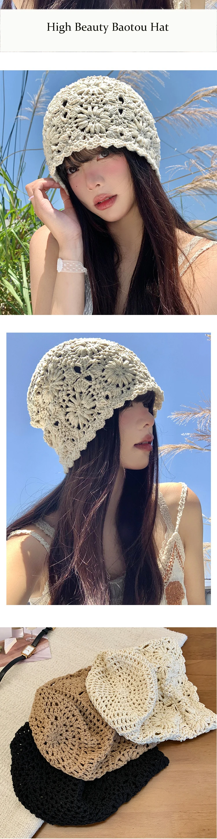 Handgemachte häkeln hohlen Kopf Japan Strickmütze Frühling Sommer Retro Casual Turban Mode Melone Mesh Hut Pullover Hut atmungsaktiv – Detail 3