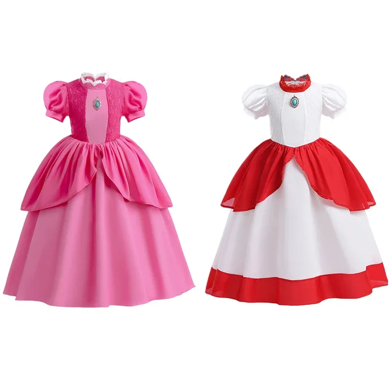 

Girl Rosalina Peach Princess Dress For Kids Halloween Pink Disguise Daisy Cosplay Clothing Birthday Vestido Halloween Carnival