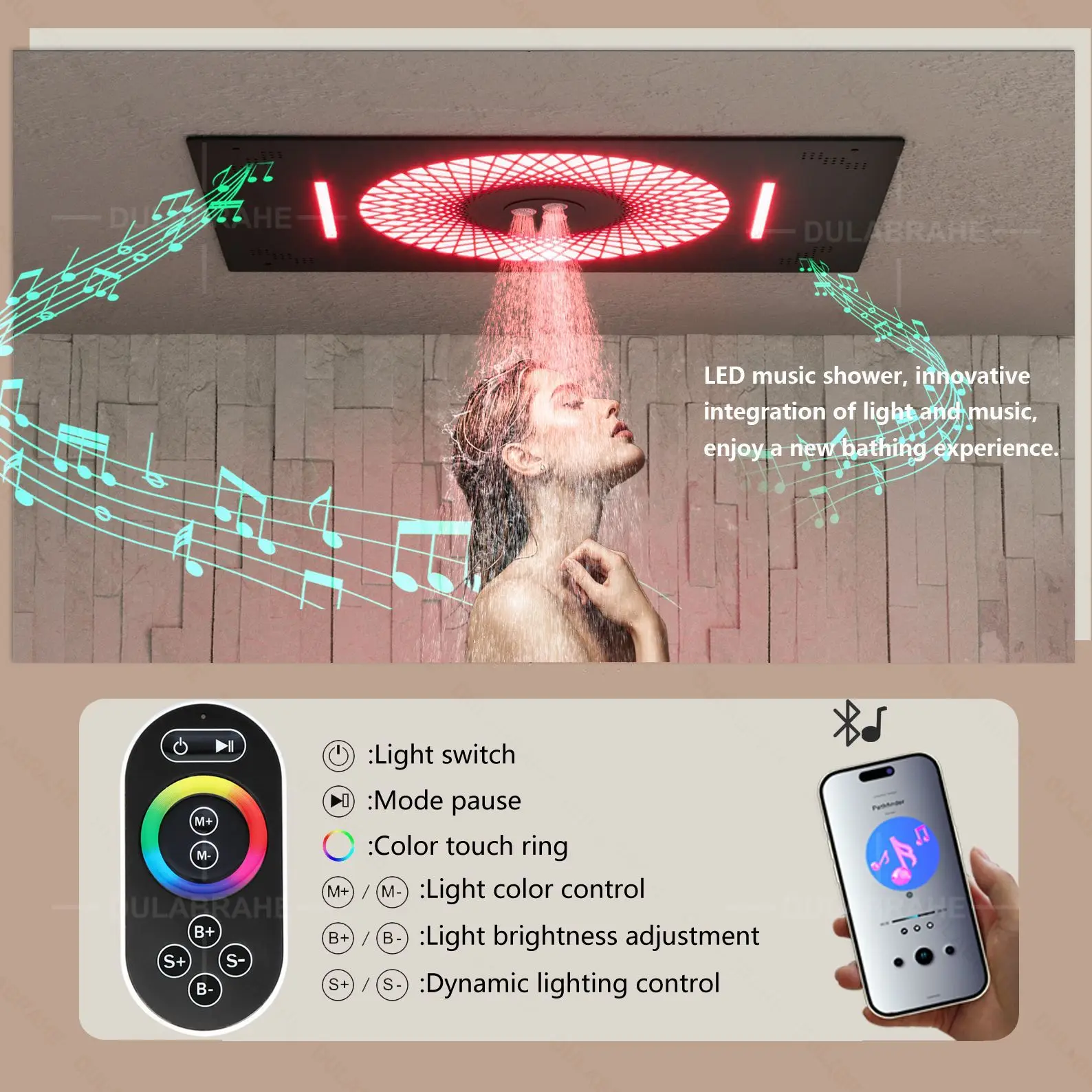 Sky City LED Music Shower Top Spray into Wall Concealed Thermostatic Shower Set