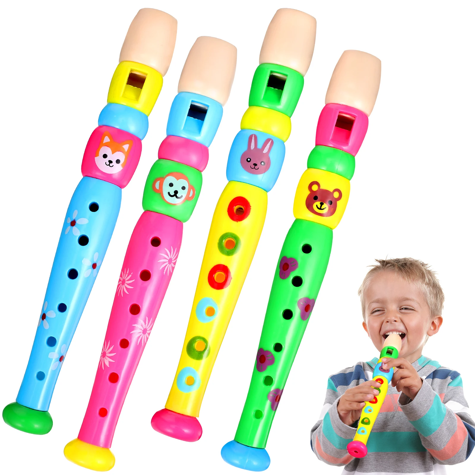 

4 pcs Six-hole Flute Plastic Recorder Kids Musical Instruments Toy Animal Prints Colorful Design Six Sound Holes Beginner Music
