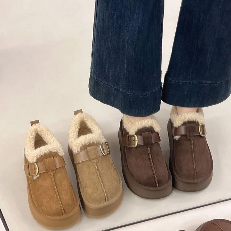 Women Platform Winter Snow Boots, Faux Fur Lined, Metal Buckle Suede Slip On Boots, Non-Slip Thick Sole Warm Casual Winter Boots