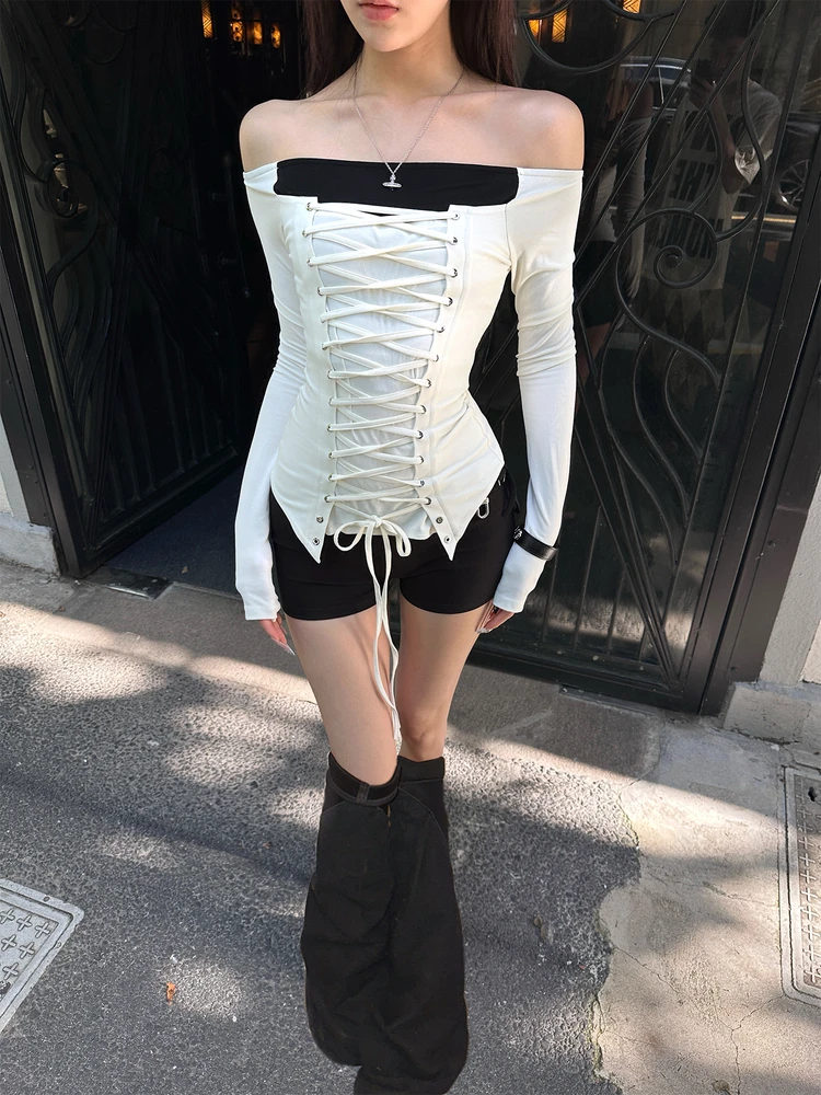 Seeslim Hotsweet الدانتيل يصل المرقعة تي شيرت امرأة ملابس طويلة الأكمام الخريف بلايز الشارع الشهير 2000s الملابس Y2k الشباب تيز شيك